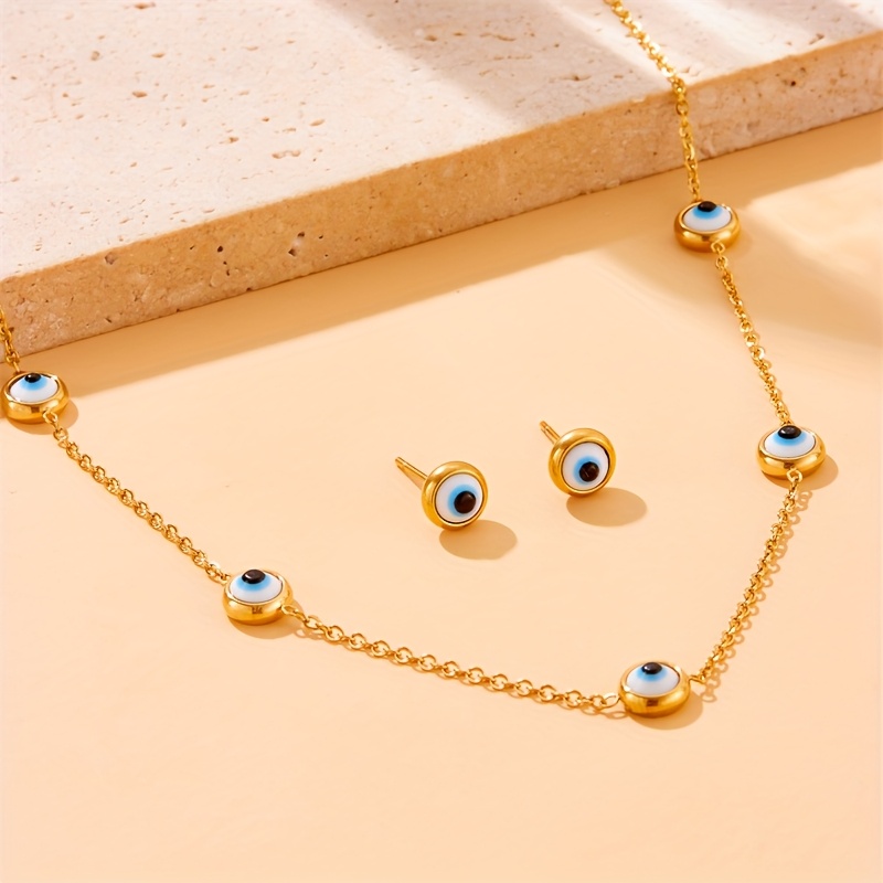 Golden Stainless Steel Necklace & Earring Set with Round Eyes